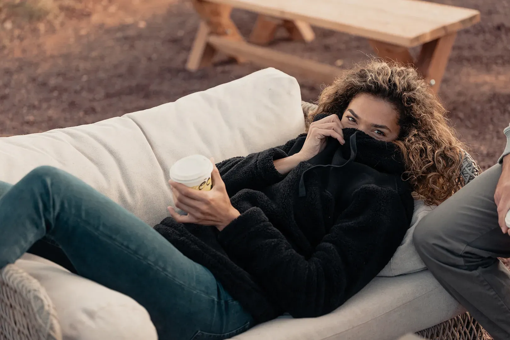 Coffee on an outdoor sofa