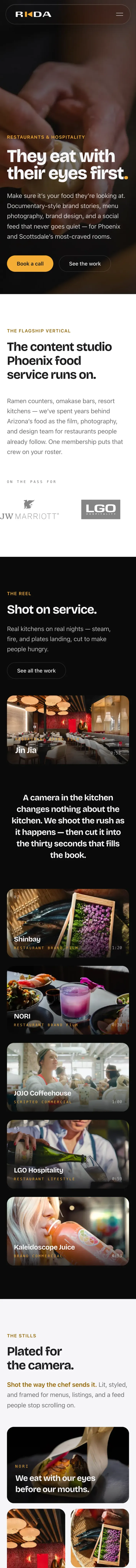 rkdamedia.com restaurants page on a phone — mobile-first website design by RKDA